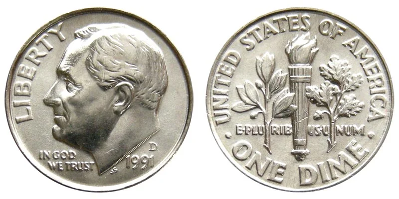 1991-D Roosevelt dime obverse and reverse in uncirculated condition showing the D mint mark and full torch details
