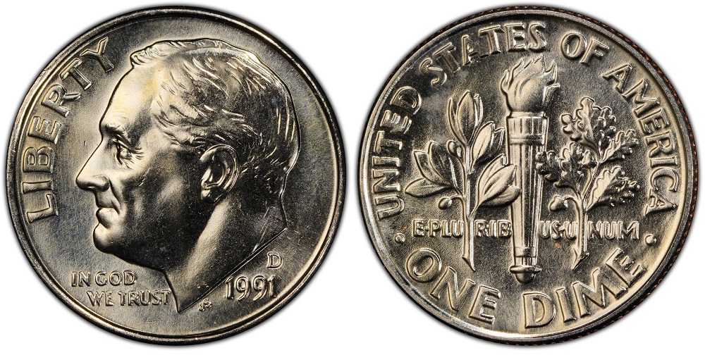 Side-by-side comparison of 1991 Roosevelt dime torch bands: left shows non-Full-Bands with merged horizontal bands, right shows Full Bands certification-quality separation