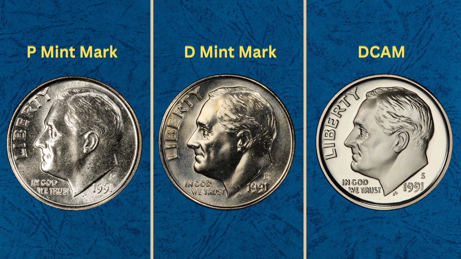 Group of 1991 Roosevelt dimes including P, D and S proof specimens representing all three mint facilities that produced dimes in 1991