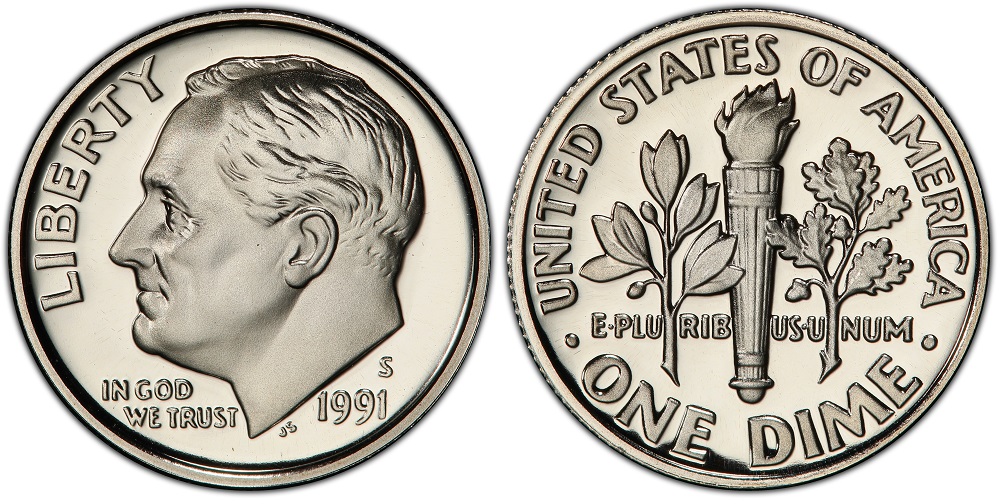 Grading strip showing four 1991 Roosevelt dimes at different condition levels from heavily worn to gem uncirculated for visual grade comparison
